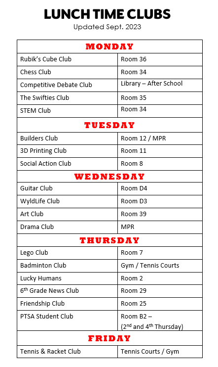Lunchtime Clubs